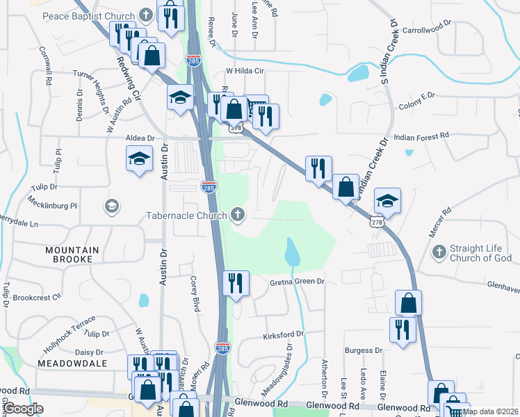 map of restaurants, bars, coffee shops, grocery stores, and more near 1680 Vernon Boulevard in Decatur