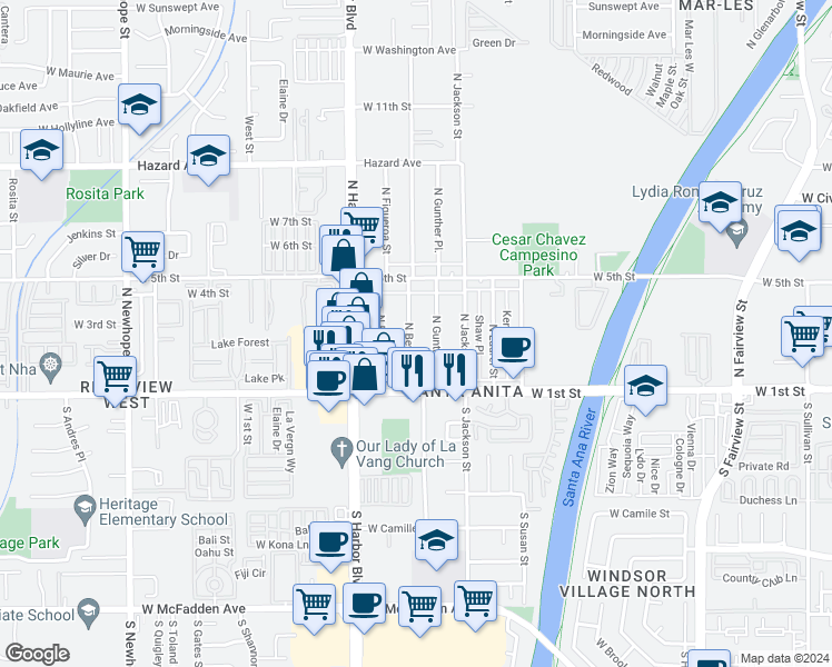 map of restaurants, bars, coffee shops, grocery stores, and more near 301 North Bewley Street in Santa Ana