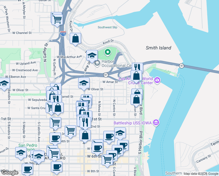 map of restaurants, bars, coffee shops, grocery stores, and more near 320 West Oliver Street in Los Angeles
