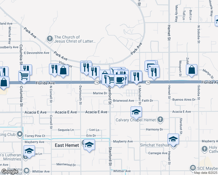map of restaurants, bars, coffee shops, grocery stores, and more near 2579 Stanford Street in Hemet
