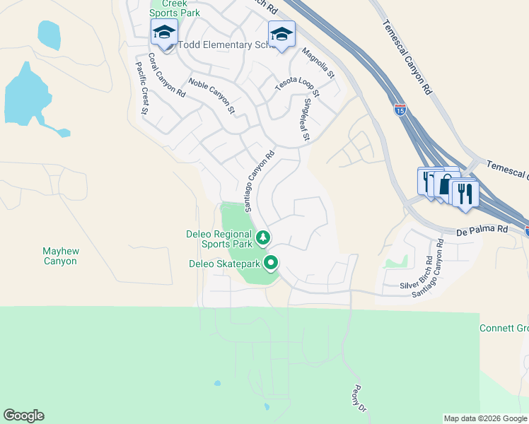 map of restaurants, bars, coffee shops, grocery stores, and more near 25649 Foxglove Lane in Corona
