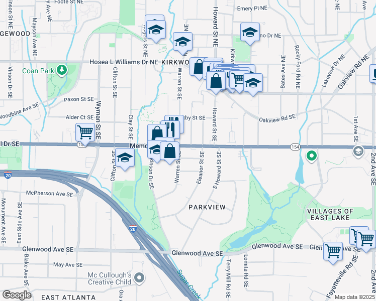 map of restaurants, bars, coffee shops, grocery stores, and more near 1895 Memorial Drive Southeast in Atlanta