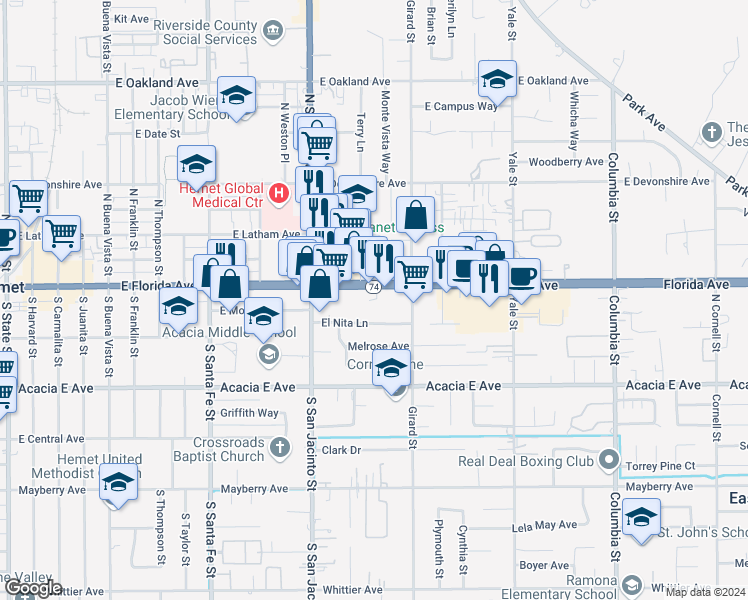 map of restaurants, bars, coffee shops, grocery stores, and more near 1531 East Florida Avenue in Hemet