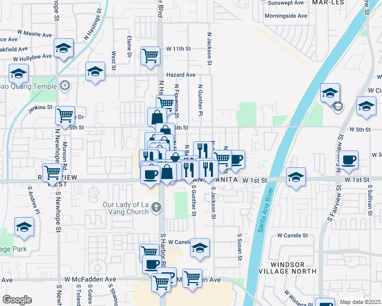 map of restaurants, bars, coffee shops, grocery stores, and more near 301 North Bewley Street in Santa Ana