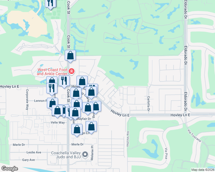 map of restaurants, bars, coffee shops, grocery stores, and more near 75295 Pino Drive in Palm Desert