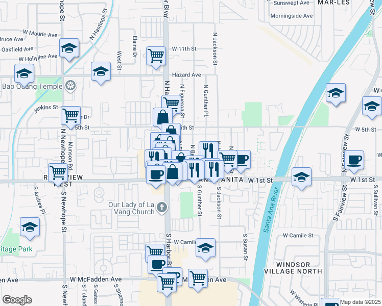 map of restaurants, bars, coffee shops, grocery stores, and more near 302 North Bewley Street in Santa Ana