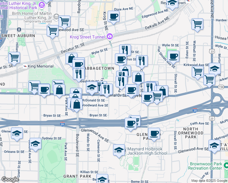 map of restaurants, bars, coffee shops, grocery stores, and more near 280 Estoria Street Southeast in Atlanta