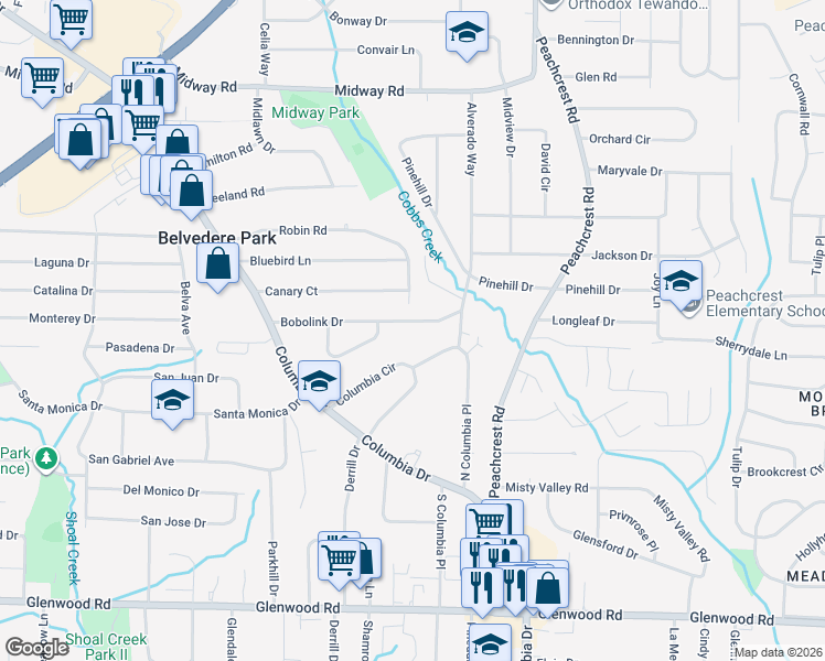 map of restaurants, bars, coffee shops, grocery stores, and more near 3261 Bobolink Drive in Decatur