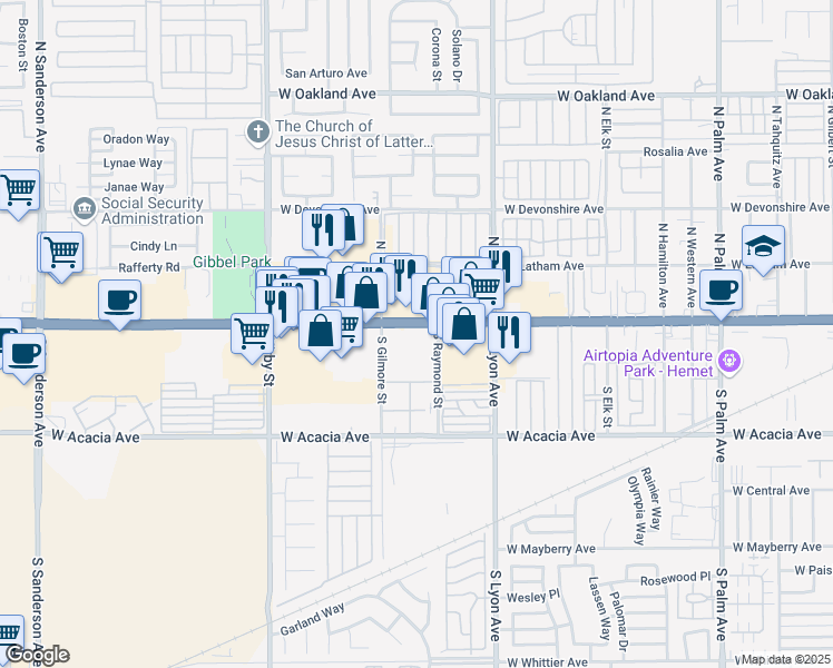 map of restaurants, bars, coffee shops, grocery stores, and more near 1965 W Florida Ave in Hemet