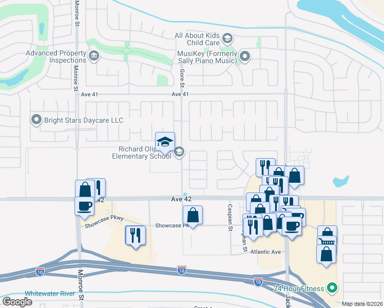 map of restaurants, bars, coffee shops, grocery stores, and more near 82549 Tivoli Court in Indio
