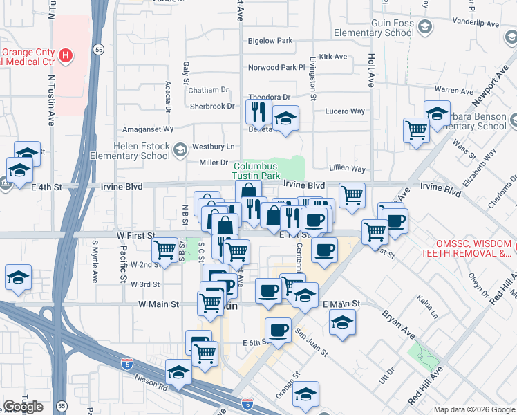 map of restaurants, bars, coffee shops, grocery stores, and more near 221 Prospect Park in Tustin