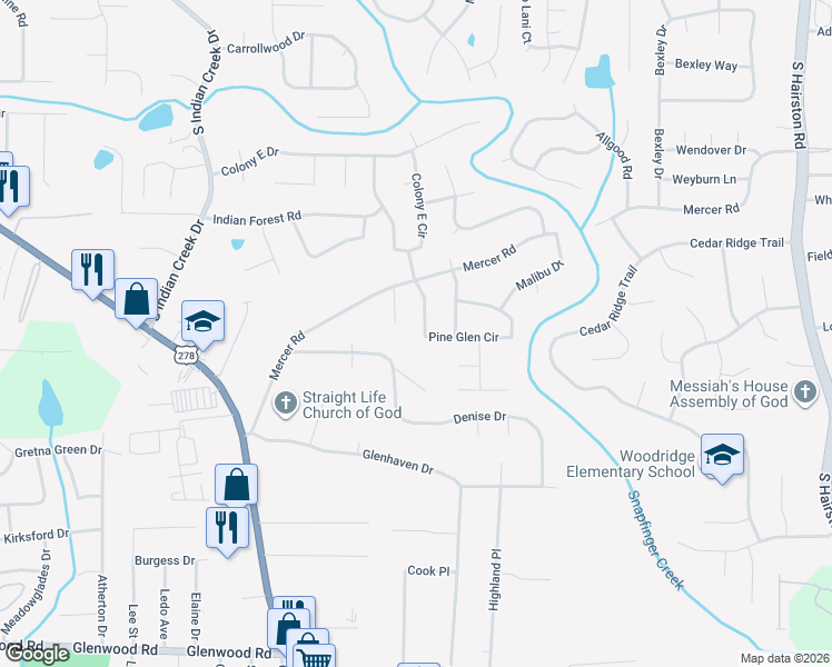 map of restaurants, bars, coffee shops, grocery stores, and more near 1536 Pine Glen Circle in Decatur