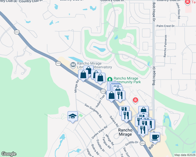 map of restaurants, bars, coffee shops, grocery stores, and more near 41590 Morningside Court in Rancho Mirage