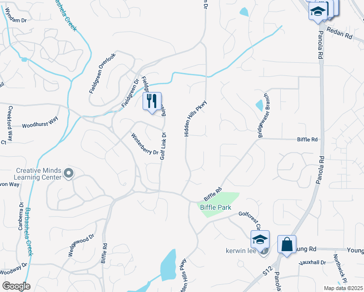 map of restaurants, bars, coffee shops, grocery stores, and more near 1531 Hidden Hills Parkway in Stone Mountain