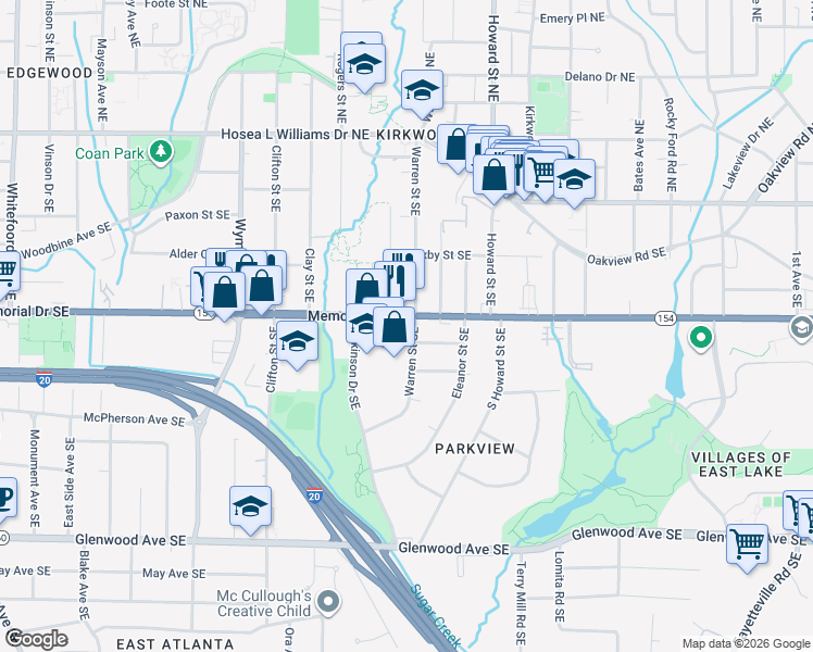 map of restaurants, bars, coffee shops, grocery stores, and more near 1871 Memorial Drive Southeast in Atlanta