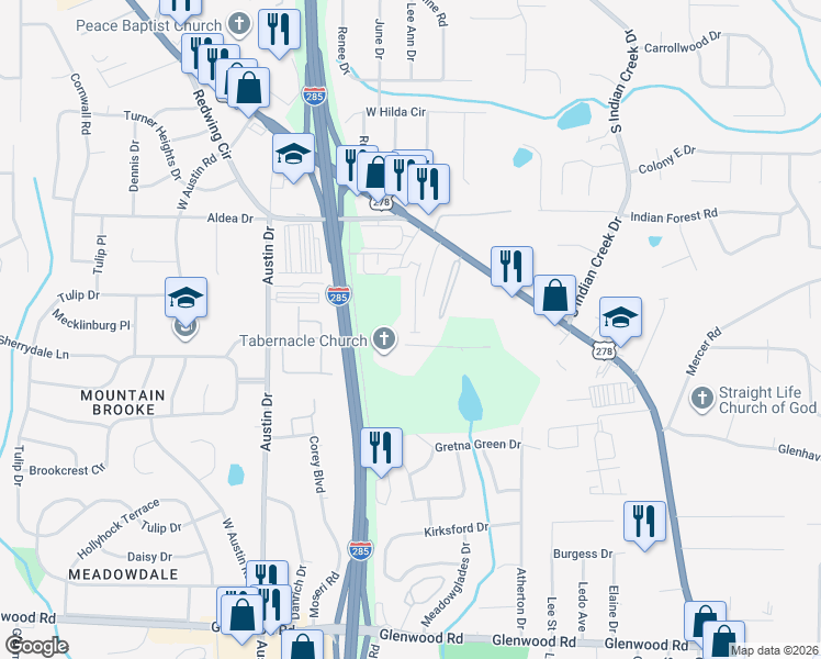 map of restaurants, bars, coffee shops, grocery stores, and more near 1680 Vernon Boulevard in Decatur