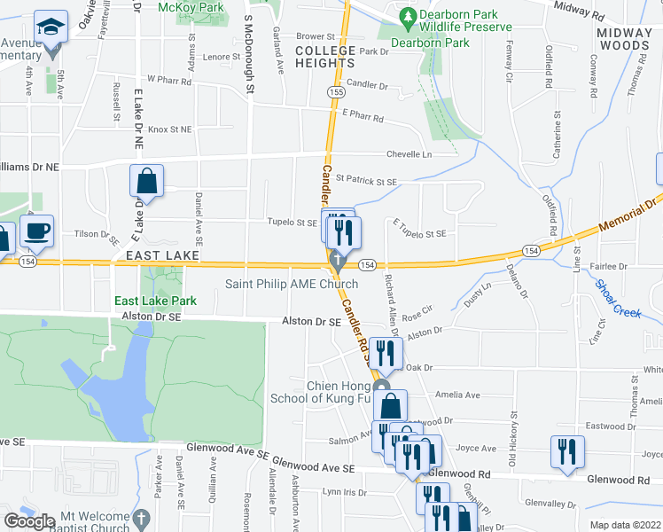 map of restaurants, bars, coffee shops, grocery stores, and more near Memorial Dr SE & Candler Rd SE in Atlanta