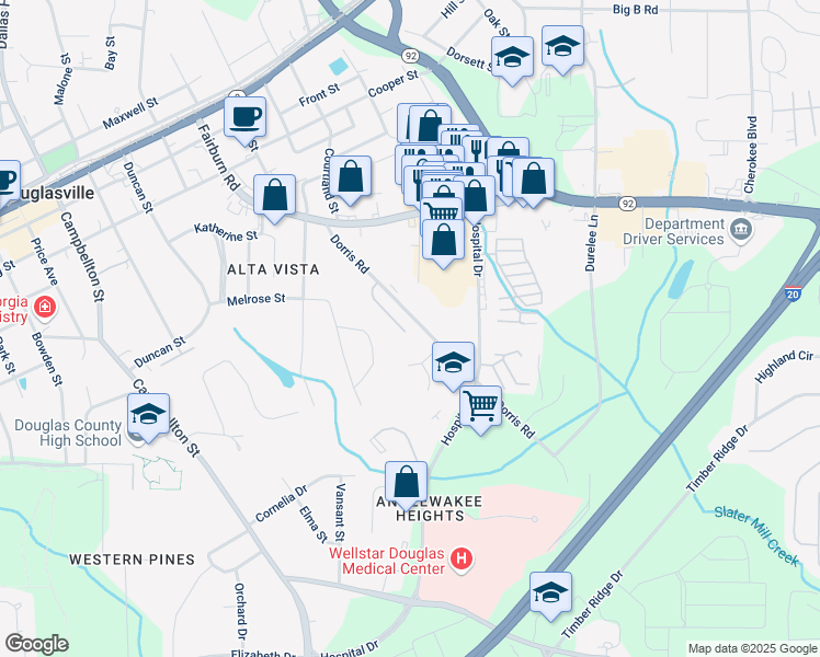 map of restaurants, bars, coffee shops, grocery stores, and more near 8556 Westchester Drive in Douglasville