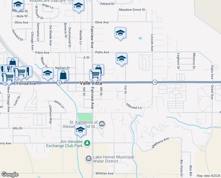 map of restaurants, bars, coffee shops, grocery stores, and more near 44130 D Street in Hemet