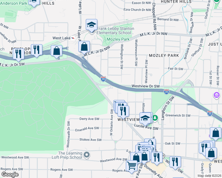 map of restaurants, bars, coffee shops, grocery stores, and more near 1571 Laurel Park Place Southwest in Atlanta