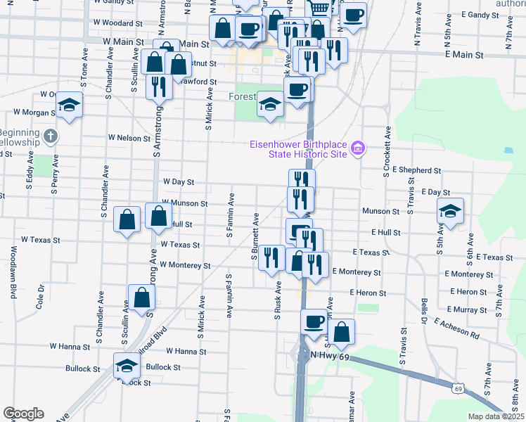 map of restaurants, bars, coffee shops, grocery stores, and more near 330 West Munson Street in Denison