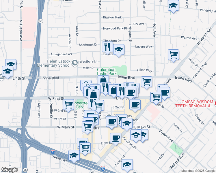 map of restaurants, bars, coffee shops, grocery stores, and more near 291 Prospect Park in Tustin