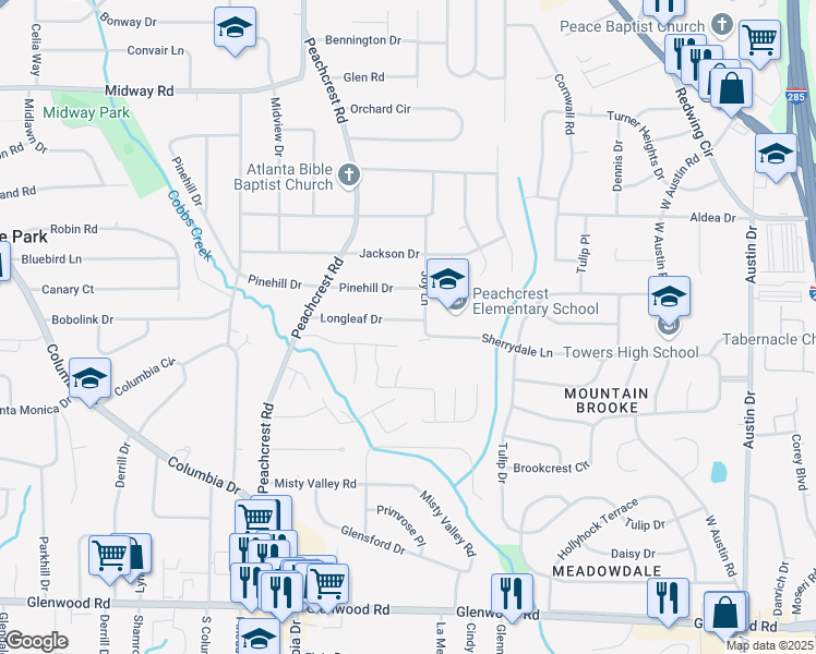 map of restaurants, bars, coffee shops, grocery stores, and more near 3479 Longleaf Drive in Decatur