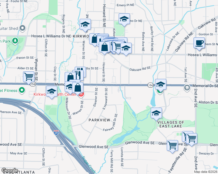 map of restaurants, bars, coffee shops, grocery stores, and more near 204 South Howard Street Southeast in Atlanta