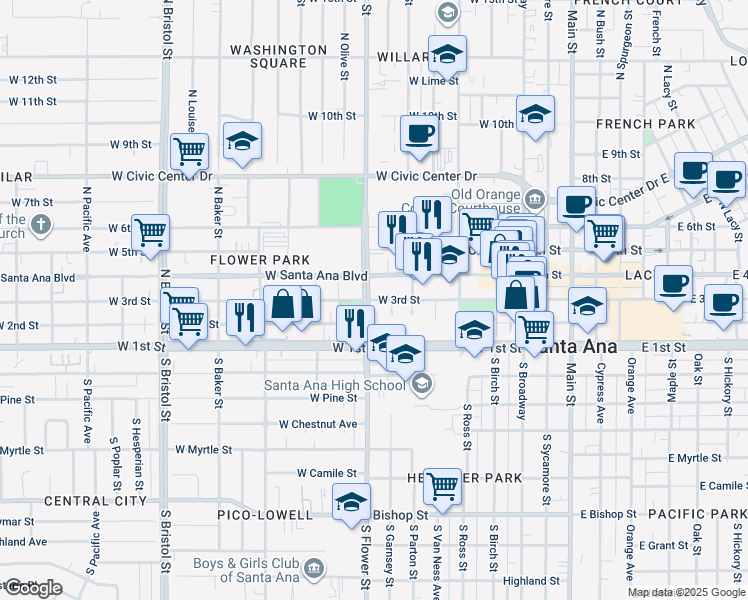 map of restaurants, bars, coffee shops, grocery stores, and more near 600 West 3rd Street in Santa Ana