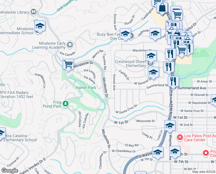 map of restaurants, bars, coffee shops, grocery stores, and more near 29679 North Enrose Avenue in Rancho Palos Verdes