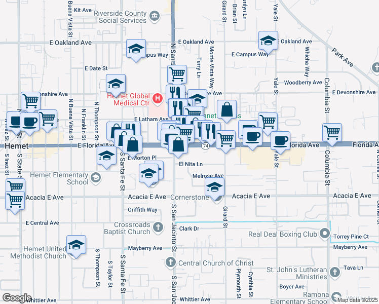 map of restaurants, bars, coffee shops, grocery stores, and more near in Hemet