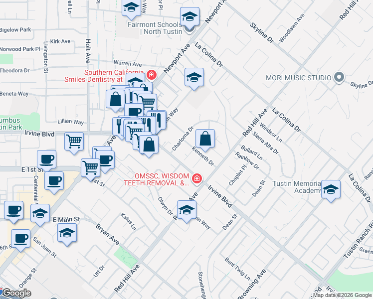 map of restaurants, bars, coffee shops, grocery stores, and more near 1322 Kenneth Drive in Tustin