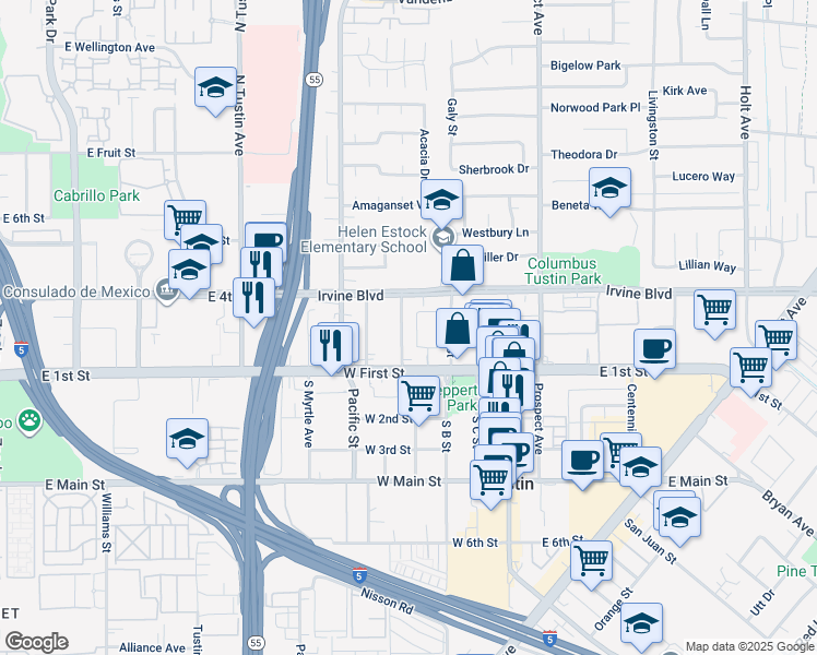 map of restaurants, bars, coffee shops, grocery stores, and more near 158 North A Street in Tustin