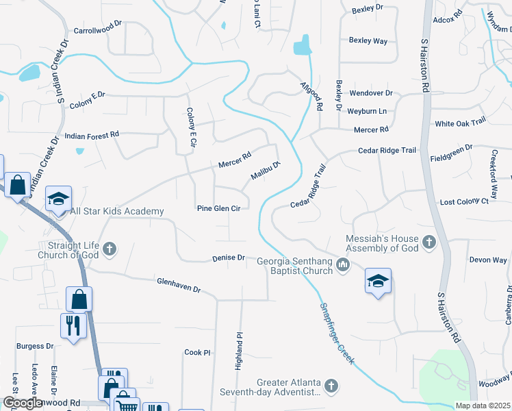 map of restaurants, bars, coffee shops, grocery stores, and more near 1643 Pine Glen Circle in Decatur