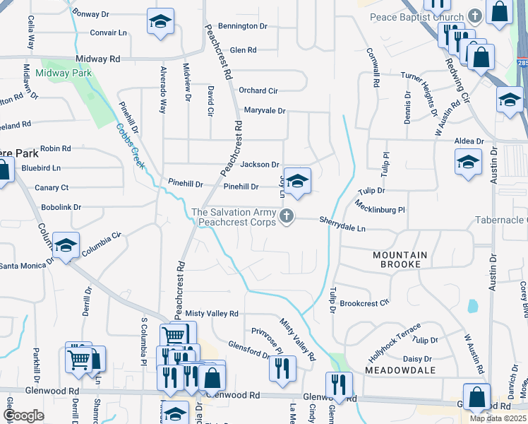 map of restaurants, bars, coffee shops, grocery stores, and more near 3479 Longleaf Drive in Decatur