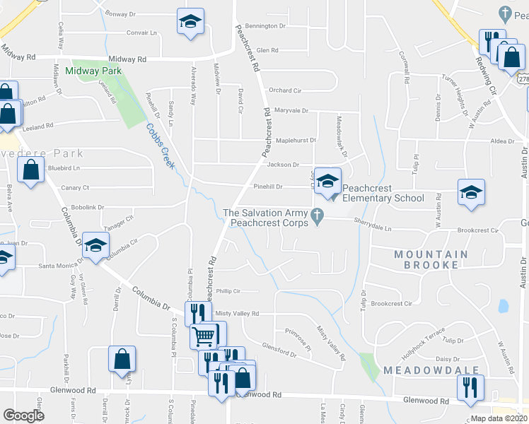 map of restaurants, bars, coffee shops, grocery stores, and more near 3407 Longleaf Drive in Decatur