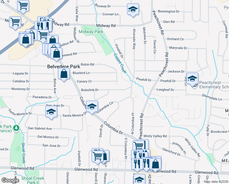 map of restaurants, bars, coffee shops, grocery stores, and more near 3251 Bobolink Drive in Decatur