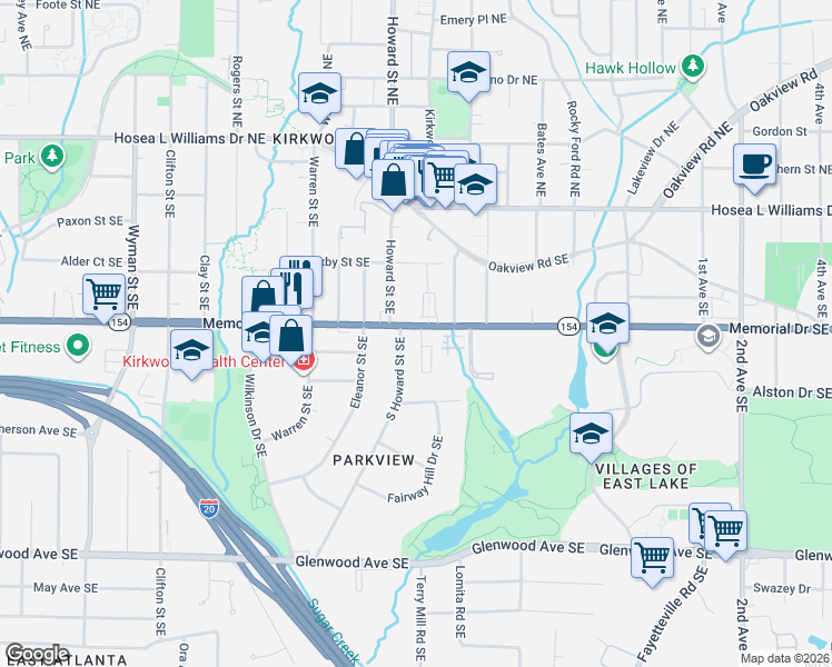 map of restaurants, bars, coffee shops, grocery stores, and more near 1993 Memorial Drive Southeast in Atlanta