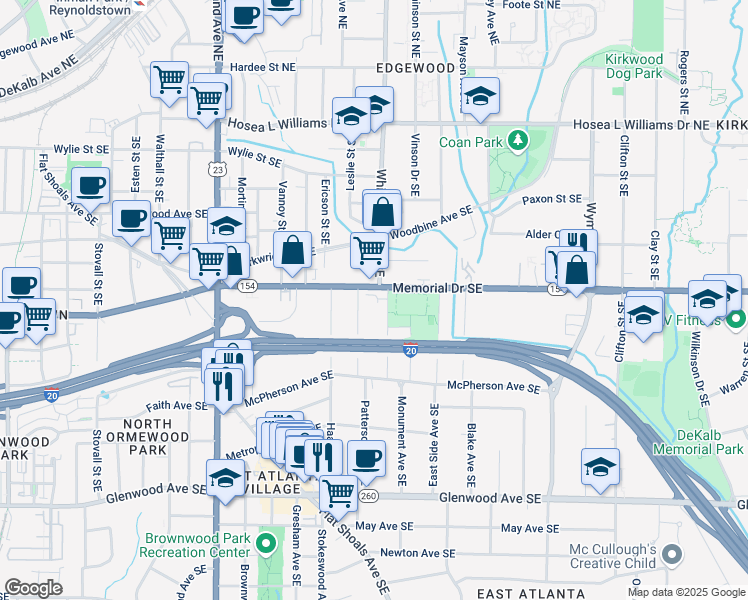 map of restaurants, bars, coffee shops, grocery stores, and more near 1365 Memorial Drive Southeast in Atlanta