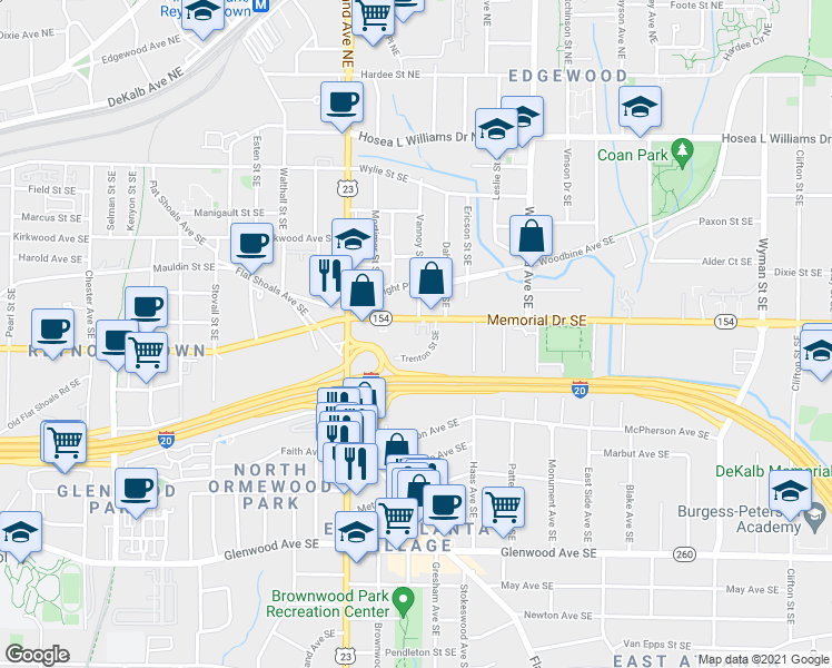 map of restaurants, bars, coffee shops, grocery stores, and more near 259 Vannoy Park Lane Drive Southeast in Atlanta