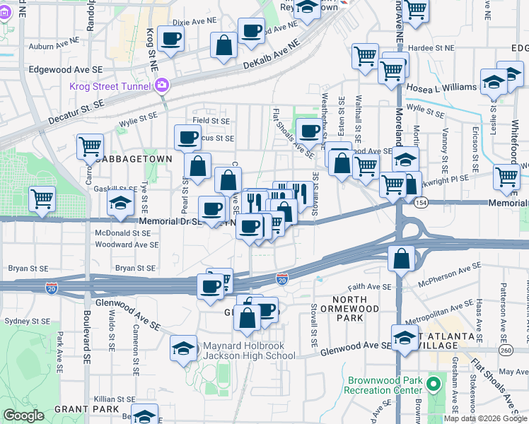 map of restaurants, bars, coffee shops, grocery stores, and more near 920 Memorial Drive Southeast in Atlanta