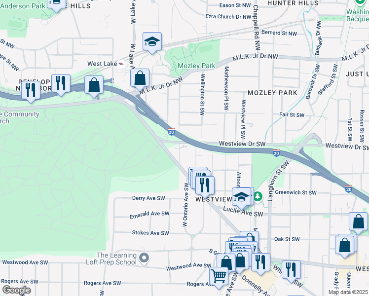 map of restaurants, bars, coffee shops, grocery stores, and more near 1581 Laurel Park Place Southwest in Atlanta