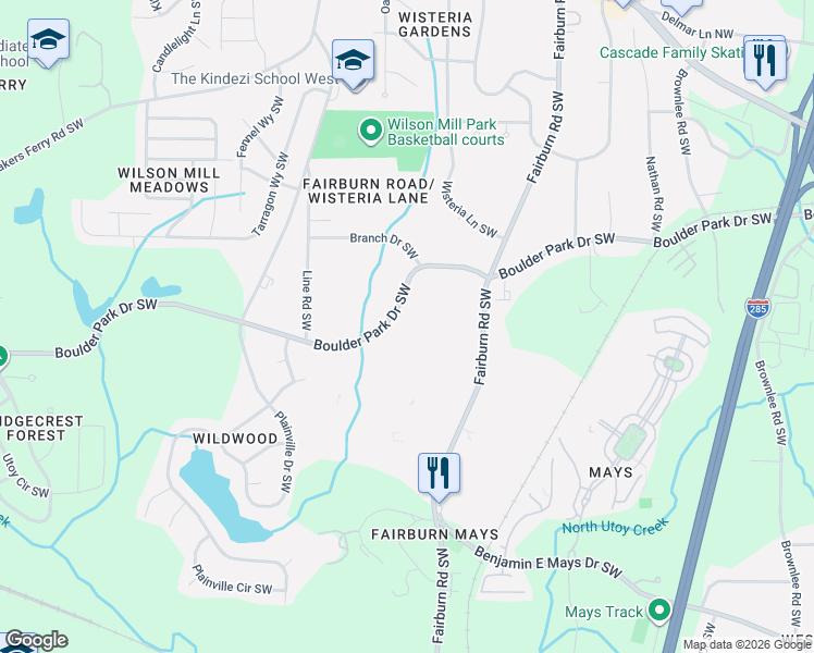 map of restaurants, bars, coffee shops, grocery stores, and more near 3816 Boulder Park Drive Southwest in Atlanta
