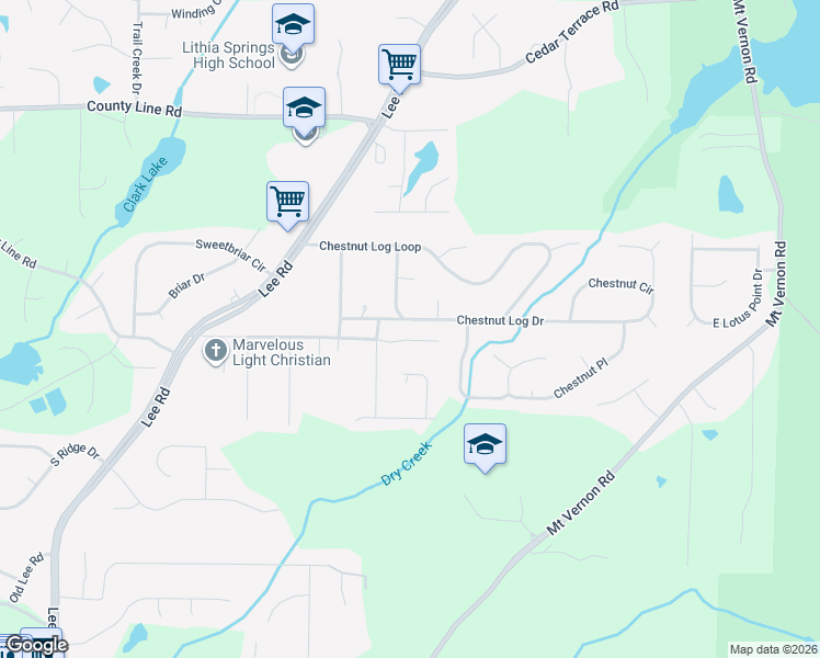 map of restaurants, bars, coffee shops, grocery stores, and more near 2376 Chestnut Log Drive in Lithia Springs