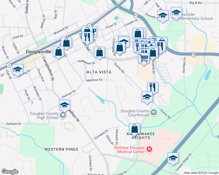 map of restaurants, bars, coffee shops, grocery stores, and more near 8574 Estelle Street in Douglasville