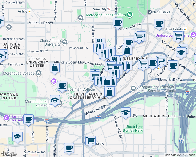 map of restaurants, bars, coffee shops, grocery stores, and more near Northside Drive Southwest in Atlanta
