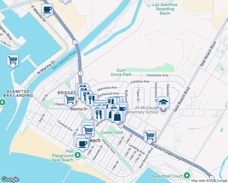 map of restaurants, bars, coffee shops, grocery stores, and more near 1005 Driftwood Avenue in Seal Beach