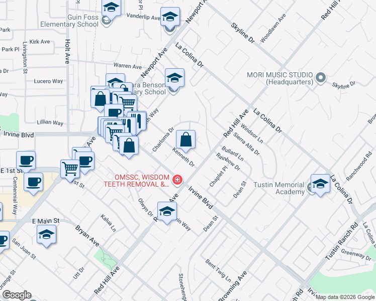 map of restaurants, bars, coffee shops, grocery stores, and more near 1382 Cameo Drive in Tustin