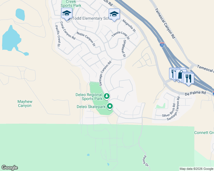 map of restaurants, bars, coffee shops, grocery stores, and more near 25654 Red Hawk Road in Corona