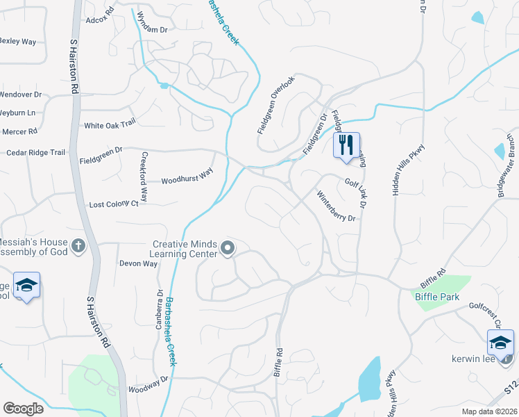 map of restaurants, bars, coffee shops, grocery stores, and more near 1401 Crooked Tree Circle in Stone Mountain